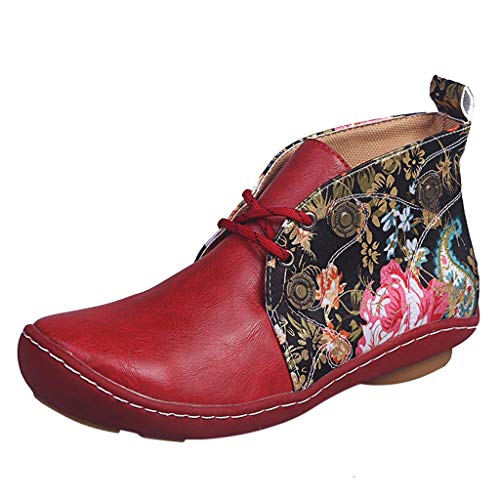 Booties Frauen Retro Leder Flache Schnürung Blumendruck Kurze Runde Zehen Schuhe (38,rot)