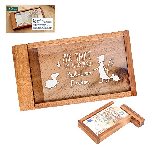 Casa Vivente Magische Geldgeschenkbox mit Gravur zur Taufe, Motiv Hirte und Schafe, Personalisiert mit Namen und Datum, Geldgeschenk
