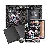 CRETACOLOR "The Brilliants" Metallic Zeichenset mit Premium-Zeichenbuch und Spitzer in schöner Verpackung, Bunt, 12 Metallic Buntstifte, weicher und satter Farbauftrag, hochwertiges Black Sketchbook