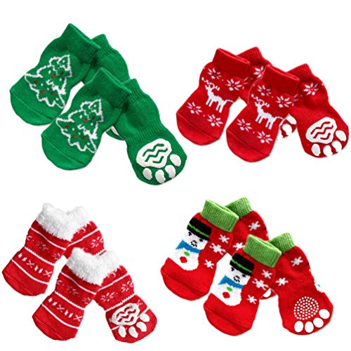 POPETPOP 4 Sets Haustier Hund Welpen Katze rutschfeste Baumwolle Socken mit Weihnachtsmuster Größe S