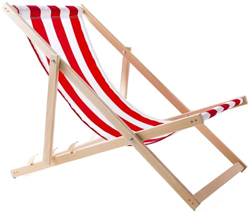 WOODOK Liegestuhl Klappbar - Gartenliege Klappbar bis 120kg, Sonnenliege aus Buchenholz ohne Armlehne - 3-Stufige Rückenlehnenverstellung (Rot/Weiß)