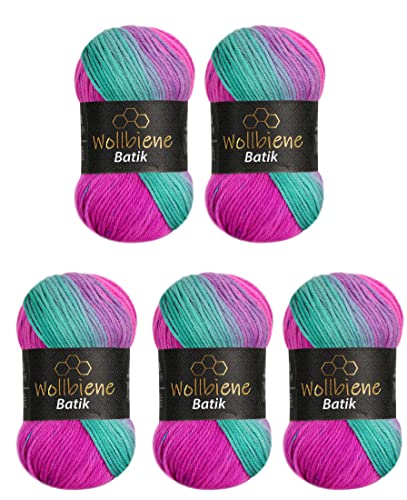 5 x 100g Wollbiene Batik 500 Gramm Wolle mit Farbverlauf mehrfarbig Multicolor Strickwolle Häkelwolle (2040 pink grün)