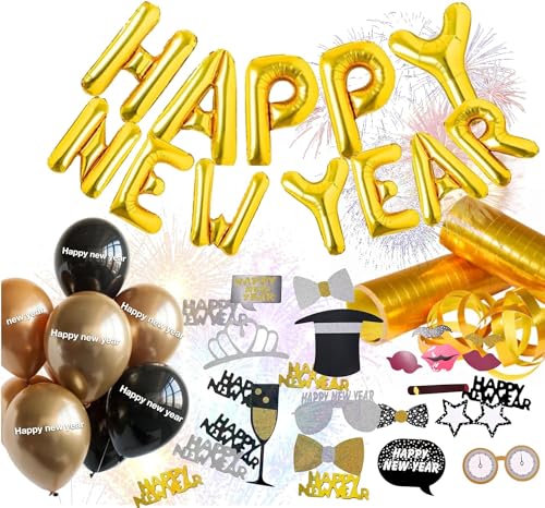 3x XXL Silvester Deko Set Happysparks® - Happy New Year - Neujahrsdeko - New Year Decoration - mit Luftballons, Luftschlangen, Latexballons, Konfetti, Fotorequisiten als Dekoration zu Neujahr