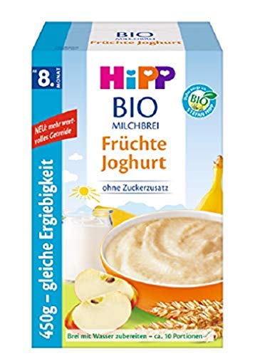 Hipp Bio-Milchbreie ohne Zuckerzusatz-Vorratspackung, ab 8. Monat, Früchte Joghurt, 4er Pack (4 x 450 g)