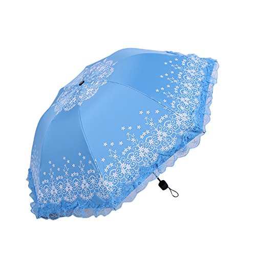 Hacoly Sonnencreme Regenschirm hoher Dichte Impact Tuch Rüschen Taschenschirm Sturmfest Spitze Schirm, Groß, leicht kompakt, Vinyl-Beschichtung, windsicher, stabil, UV-Schutz - Blau