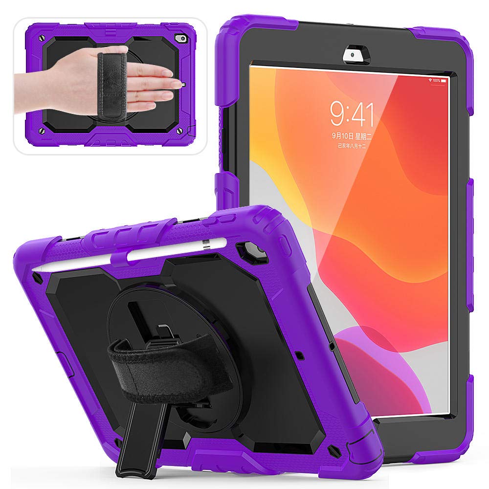 QINYUP 2020 Neue Tablet-Hülle für iPad 10.2 Hülle mit 360-Grad-Handschlaufe Kindersichere Silikonhülle mit Bulit-In Kickstand-Lila