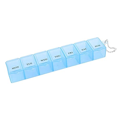 7 Day Pill Box, Blue Plastic Rectangle 7 Compartments Weekly Medicine Pill Box w Ball Chain