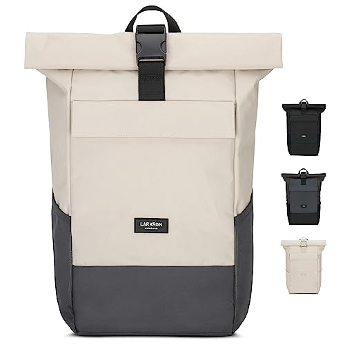 Larkson Rucksack Damen Herren Beige Grau - No 4 - Rolltop Backpack mit Laptopfach Uni, Arbeit & Fahrrad - Großer Reiserucksack - Wasserabweisend