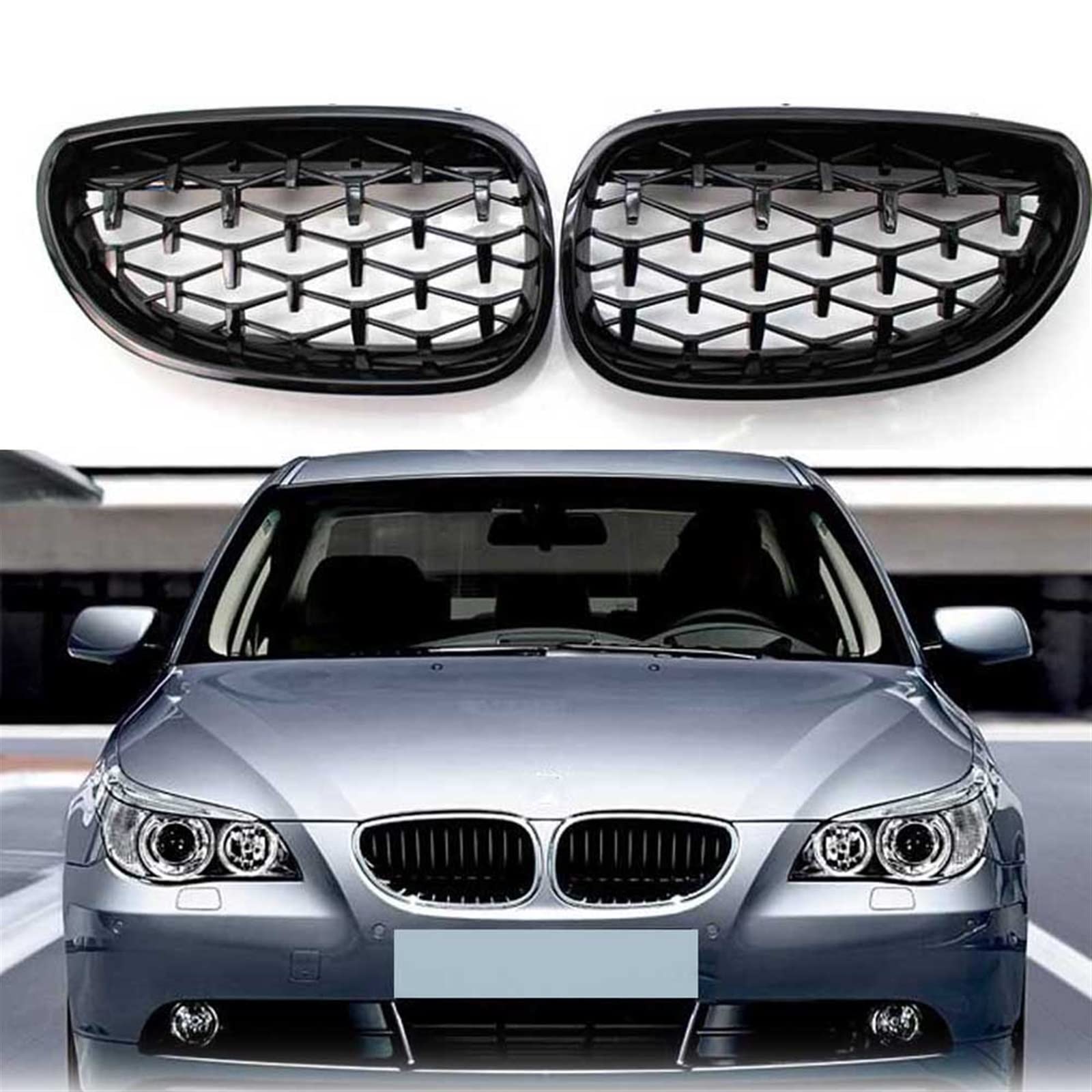 Kühlergrille Car Racing Grill Für BMW E60 E61 5 Series 2003-2009 Diamond Front Kidney Grille Meteor Style Grill Chrome Auto Zubehör (Color : Schwarz)