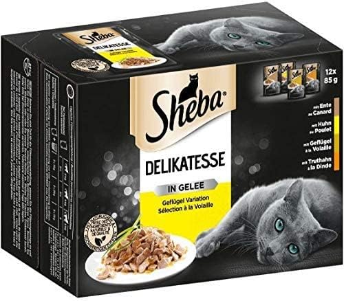 Sheba Delikatesse in Gelee, 48 Portionsbeutel, 12x85g (4er Pack) – Katzenfutter nass, Geflügel Variation mit Ente, Huhn, Geflügel und Truthahn