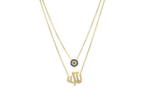 Remi Bijou 925 Sterling Silber Zweilagige Halskette Blaues Auge Allah Muslim Islam - Gold Farbe