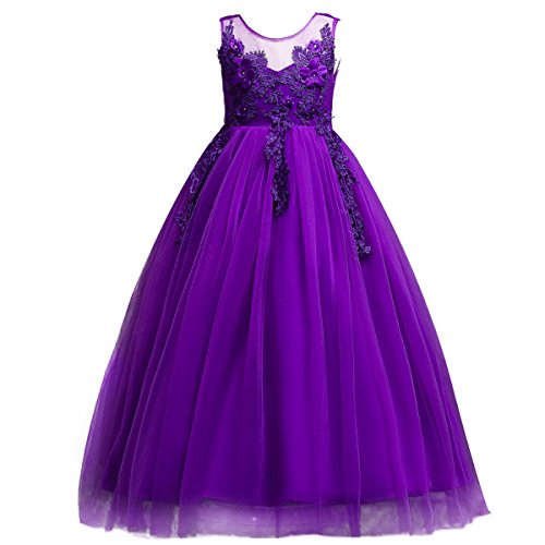 IWEMEK Mädchen Kinder Tüll Blume Kleider Blumenmädchenkleider Hochzeitskleid Brautjungfern Kleid Prinzessin Hochzeit Abendkleid Geburtstag Langes Kleid Festzug Cocktailkleid Ballkleid Violett 15-16