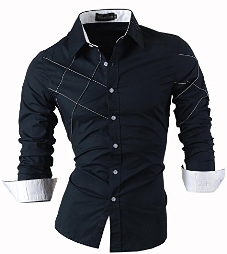 jeansian Herren Freizeit Hemden Shirt Tops Mode Langarmlig Men's Casual Dress Slim Fit 2028_Navy_L