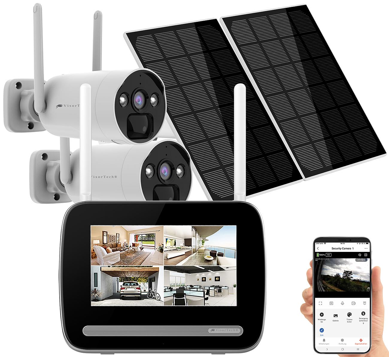 VisorTech Solar-Akku-Kameras: Funk-Überwachungs-Set: Rekorder mit 2X 2K-Solar-Kamera, PIR, App (Überwachungskameras Funk Solar Set, Netzwerk-Überwachungssysteme, Camera)