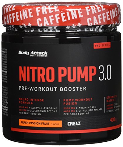 Body Attack Nitro Pump 3.0 (ohne Koffein) - Pre Workout Pump Booster, extrem hochdosiert, für alle Sportler & Athleten, sehr lecker und sofort löslich, Made in Germany, Peach Passion, 400g