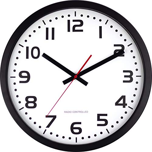 EUROTIME Funkwanduhr, 40 cm, Edelstahlrahmen Schwarz, Echtglas, klares 12-Zahlen Zifferblatt, automatische Zeitein- und Zeitumstellung, für Wohnbereich oder Büro, rote Sekunde, nur für Innen, 59990-05