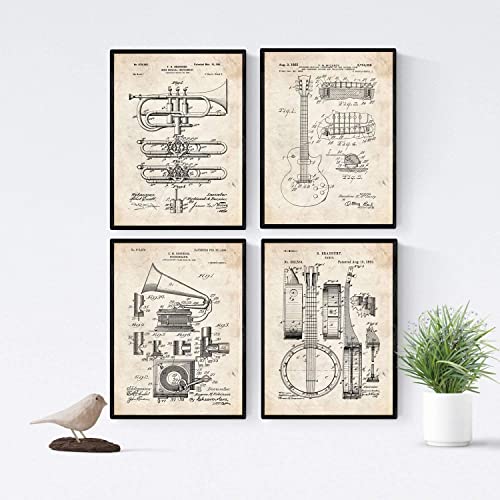 Nacnic Musikinstrument Patent Poster 4er-Set. Vintage Stil Wanddekoration Abbildung von Konzert und Alte Erfindungen. Verschiedene musikalische Instrumentsteile Bilder ohne Rahmen. Größe A4.