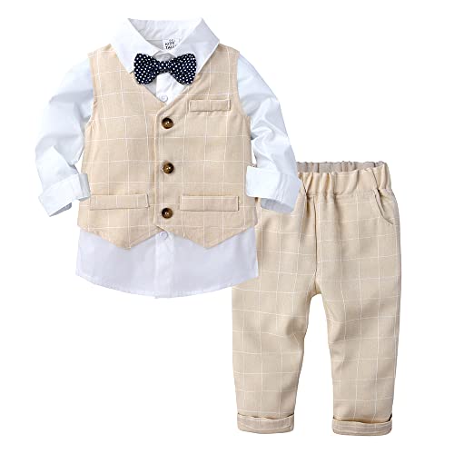 Baby Formale Outfit Jungen Smoking Plaid Gentleman Anzug Onesie Overall (EINE Beige,3-4T)