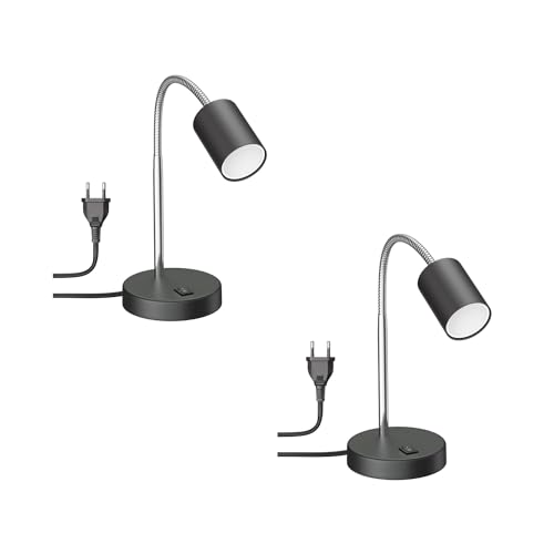 ledscom.de Tischleuchte WAIKA Schwanenhals Schalter schwarz matt + LED Lampe warmweiß 3-Stufen Dimmen 540lm, 2 Stk.