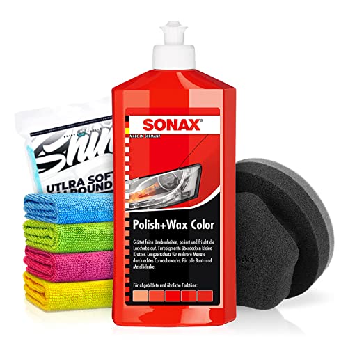 SONAX Polish+Wax Color rot (500 ml) Auto Politur mit roten Farbpigmenten und Wachsanteilen | mühelos und schnell zum perfekten Polierergebnis | inkl. Applikator & Mikrofasertücher | 6-Teilig