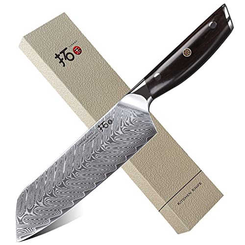 TURWHO Santokumesser Damast,extra Scharfes Messer 18cm aus Profi Küchenmesser Damastmesser,Japanisches kochmesser verfügt VG-10 & ergonomischer Grif