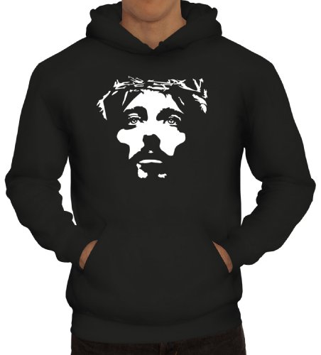 Shirtstreet24, Jesus Face, christlicher Jesus Herren Kapuzen Sweatshirt - Pullover Hoodie, Größe: L,Schwarz