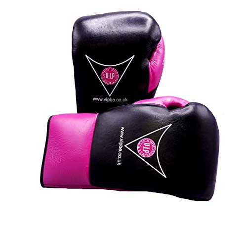 VIP Pugna Boxhandschuhe aus Leder mit Schnürung für Kampfsport, Fitness, Pro Wettkampf, Schwarz/Rot, 284 g