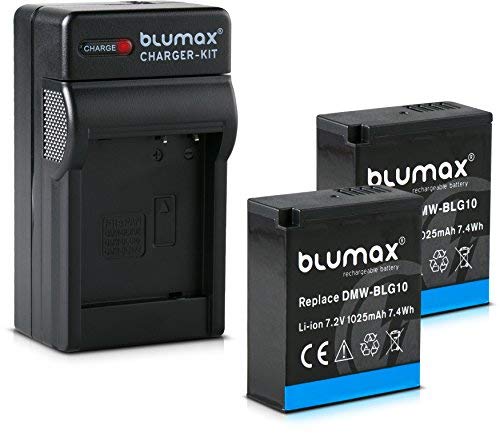 Blumax 2X Akku 1025mAh + Ladegerät Netzteil ersetzt Panasonic DMW-BLG10 e kompatibel mit Lumix DC GX9 TZ202 TZ91 DMC TZ101 TZ81 GF6 GX7 GX80 LX100