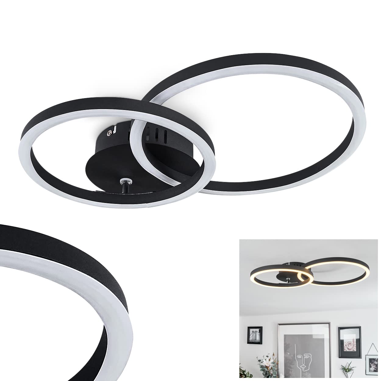 LED Deckenleuchte Malanje, moderne Deckenlampe aus Metall in schwarz/weiß Leuchte mit 2 Ringen, (1 verstellbar), 24 Watt, 1300 Lumen, Lichtfarbe 3000 Kelvin (warmweiß)