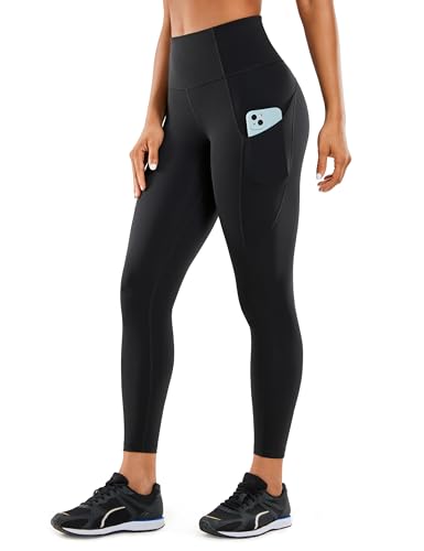 CRZ YOGA Damen Sports Leggings Sporthose-Hohe Taille,Nackte Empfindung,Mit Seitentaschen-63cm Schwarz - Seitentaschen 40