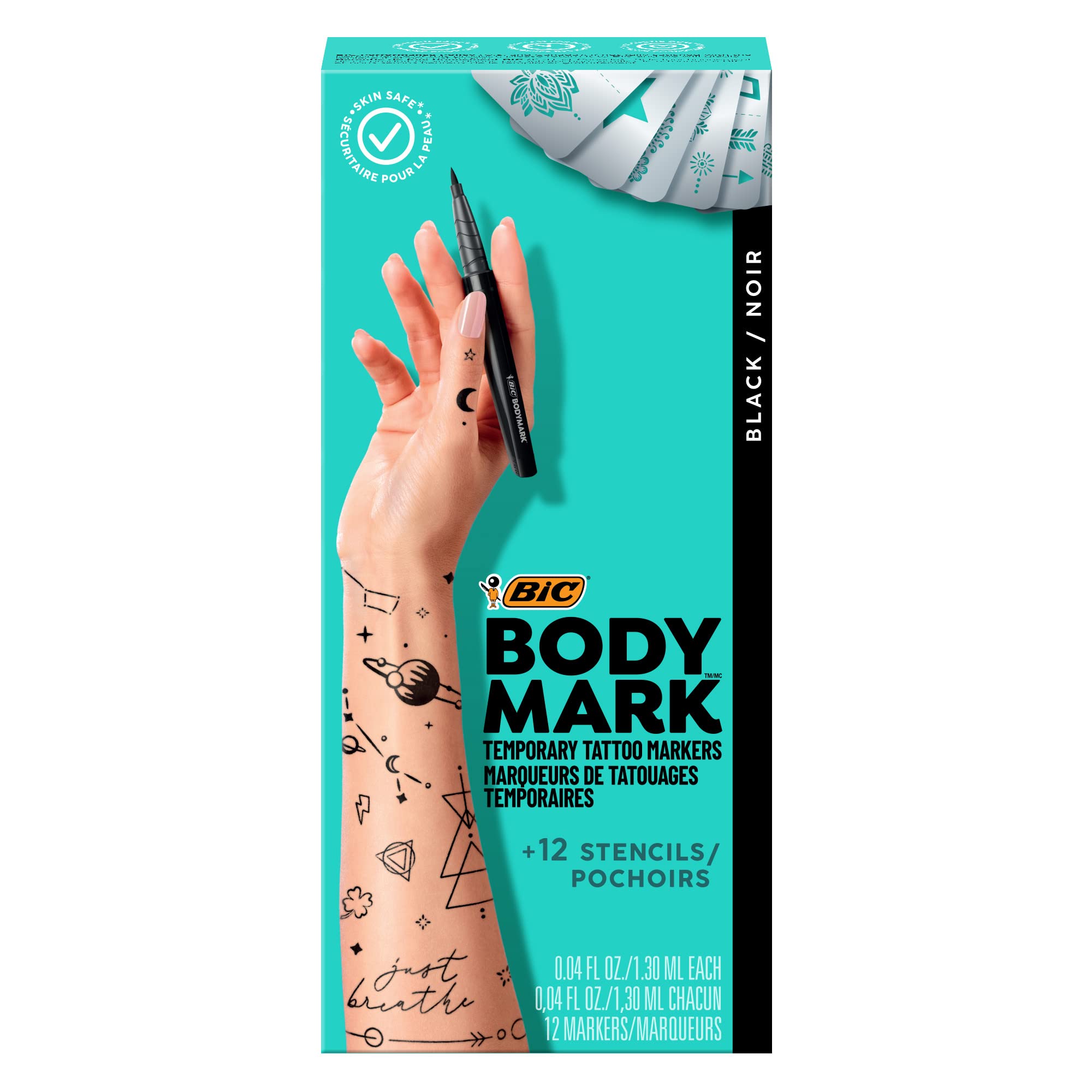 BIC BodyMark Temporary Tattoo Art Markers with Stencils, 6 Fine Black Markers, 6 Brush Tip Black Markers
