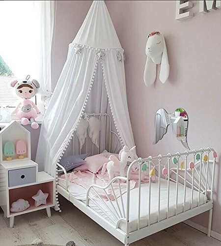 Baldachin mit kleinen Bommeln Betthimmel Kinder Bett Baumwolle Hängende Moskiton für Schlafzimmer Höhe 240 cm Saumlänge 270cm Baby Baldachin mit Ball Baldachin (Weiss)