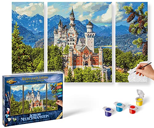 Schipper 609260837 Zahlen – Schloss Neuschwanstein-Bilder malen für Erwachsene, inklusive Pinsel und Acrylfarben, Triptychon 50 x 80 cm