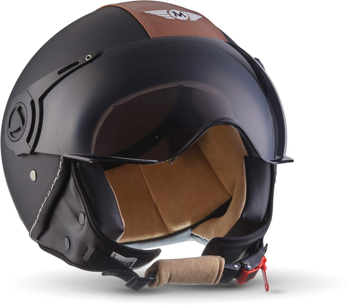 Moto Helmets® H44 „Vintage Black“ · Jet-Helm · Motorrad-Helm Roller-Helm Scooter-Helm Bobber Mofa-Helm Chopper Retro Cruiser Vintage Pilot Biker · ECE Visier Schnellverschluss Tasche S (55-56cm)