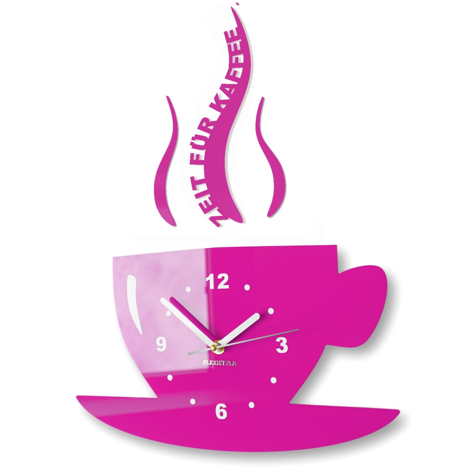 FLEXISTYLE Tasse Zeit für Kaffee Moderne Küche Wanduhr, 3D römisch, wanduhr deko (rosa)