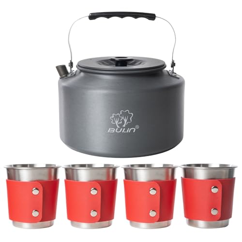 Bulin Wasserkessel Camping 2,2L Teekessel Ultraleichter mit 4 Edelstahlbechers Stilvolle Campingkessel für Zuhause Camping Trekking Hiking Picknick Rot