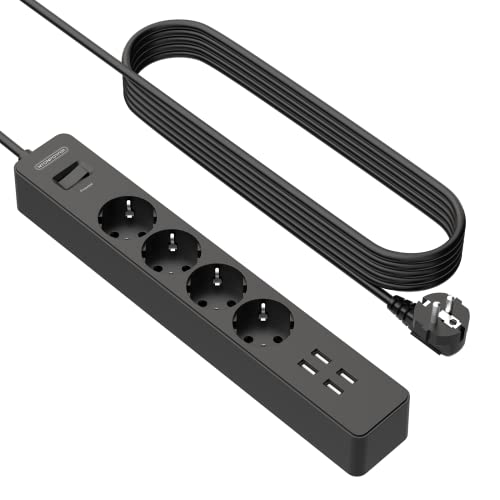 USB Steckdosenleiste 3m, NTONPOWER Mehrfachsteckdose mit ÜBerspannungsschutz 4-fach 4 USB-Anschlüssen- (Langes Verlängerungskabel, Schwarz)
