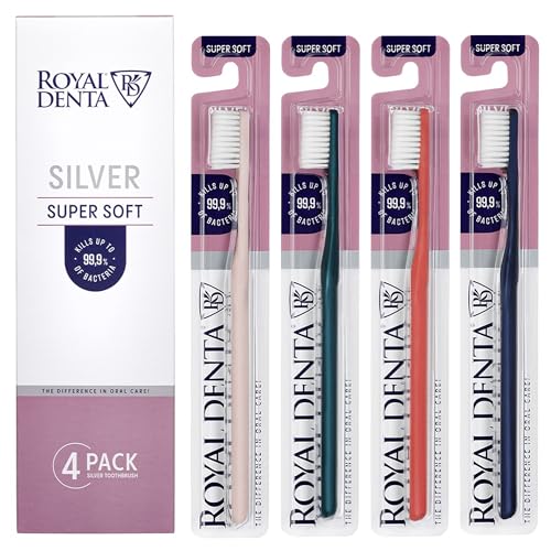 Super Weiche Zahnbürste 4 Stücke von Royal Denta mit Silberborsten für Antibakterielle Wirkung, Ideale Zahnpflege für Empfindliche Zähne (4er Pack)