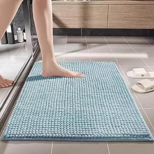 Fbrerurt Badematte rutschfest, Chenille Badezimmerteppich für Fußbodenheizung geeignet, Flauschiger Badvorleger für Dusche, Badewanne und WC,Blau,40x60cm
