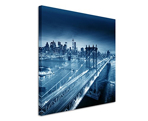60x60cm Wandbild Fotoleinwand Bild in Blau New York -city Sonnenaufgang Manhattan Brooklyn- Brücke