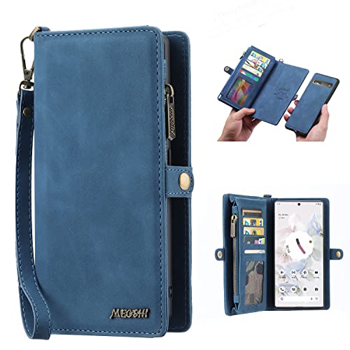 Simicoo Google Pixel 7A Wallet case, Google Pixel 7A Flip Leather case Card Slots Holder Zipper Purse Detachable Magnetic Cover Hand Strap Cash Pocket Pouch Wallet for Woman Man (Blue)