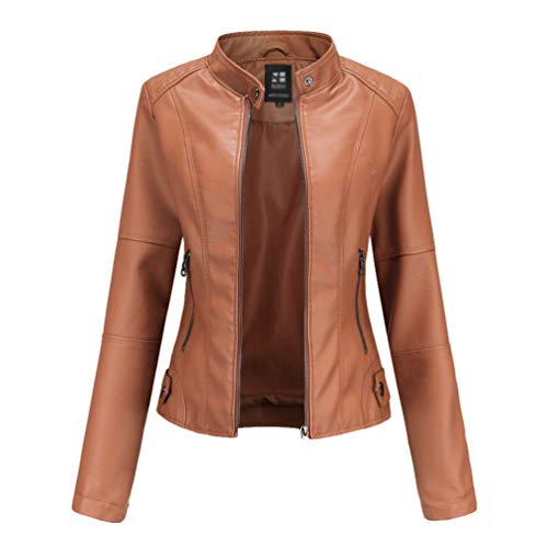 Kaiyei Damen Slim PU Lederjacken Dünne Stehkragen Frühjahr Herbst Langarm Elegant Lederimitat Kurz Jacke Bikerjacken Reißverschluss Kamel 3XL