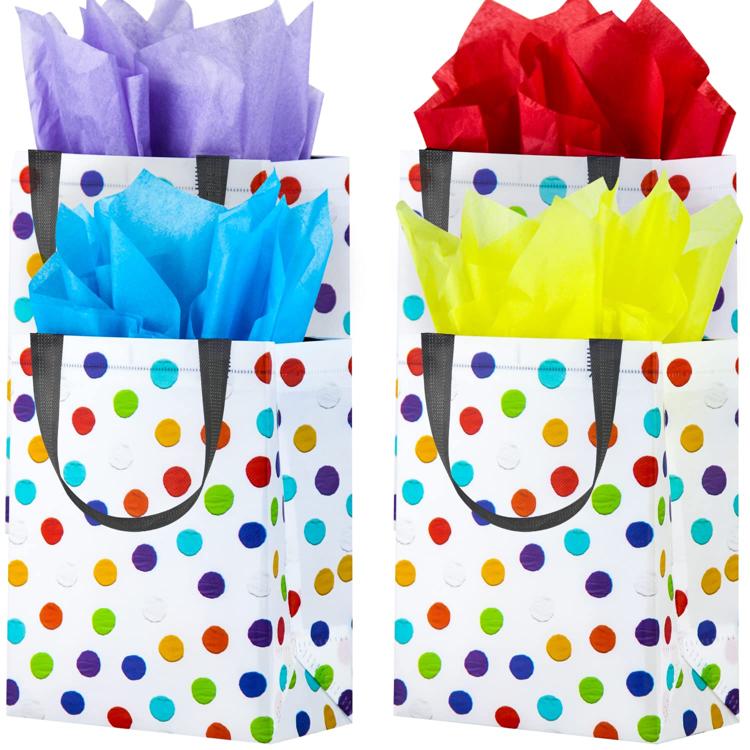BLEWINDZ Wiederverwendbare Geschenktüten mit 16 Taschentüchern – mittelgroß, Regenbogen-Punkt-Partytüten für Geburtstag, Babyparty, Shopping, Lehrer, Wertschätzung, Partyzubehör (25,4 x 19,3 x 10,9