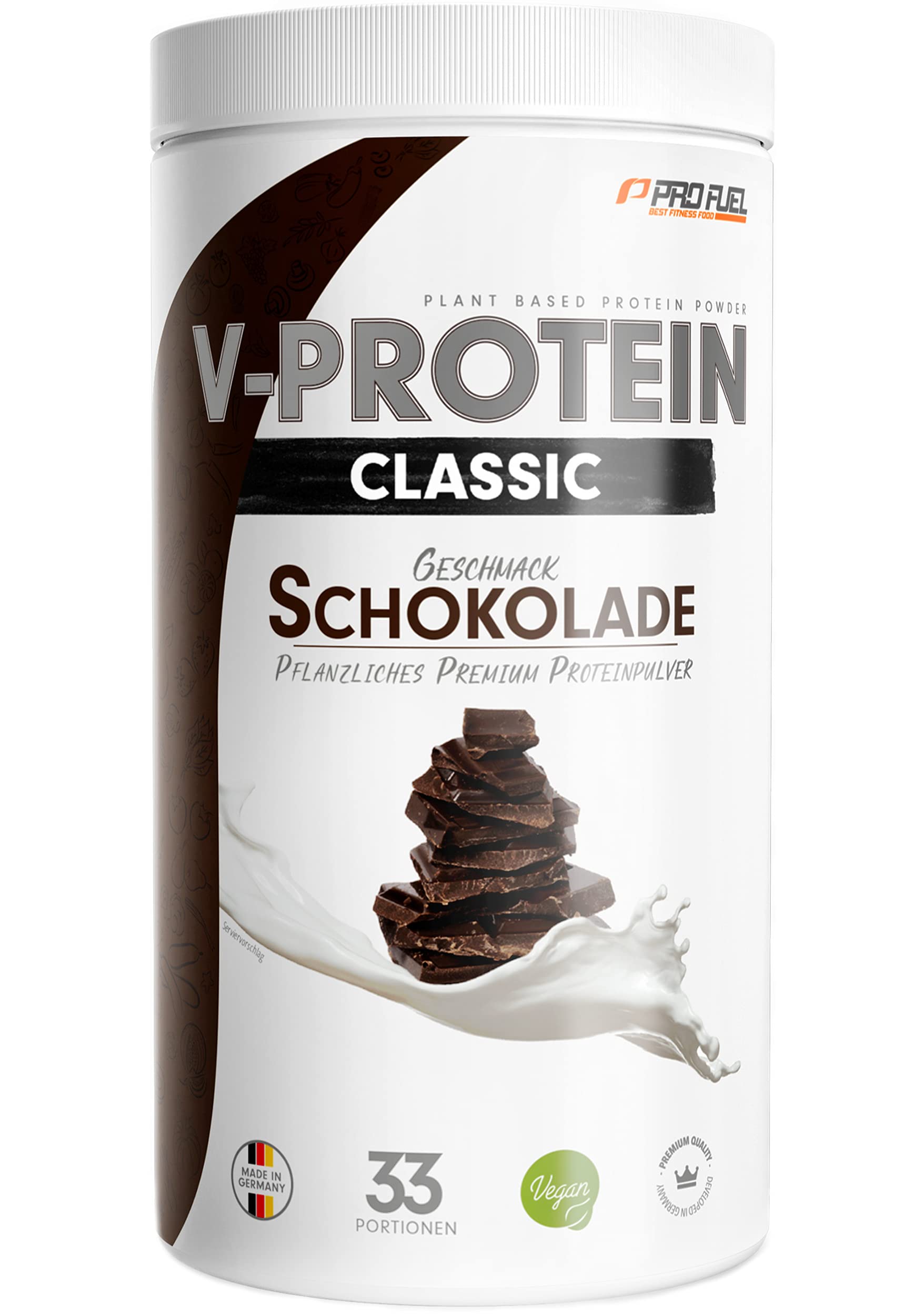 Vegan Protein Pulver SCHOKOLADE 1kg - V-PROTEIN - Pflanzliches Eiweißpulver auf Erbsenprotein-Basis mit 68% Eiweiß-Gehalt - optimale Protein-Wertigkeit - veganer Protein-Shake ohne Soja & Weizen