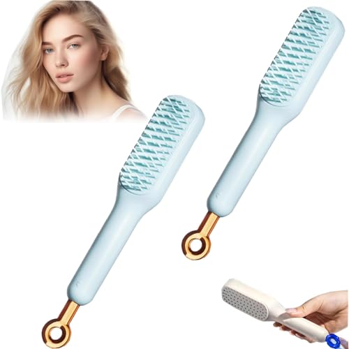 Self-Cleaning Anti-Static Massage Comb, One-pull Clean Massage Comb, Scalable Rotate Lifting Self Cleaning Hairbrush Hair Styling Tools for Women (2PCS-Blue)