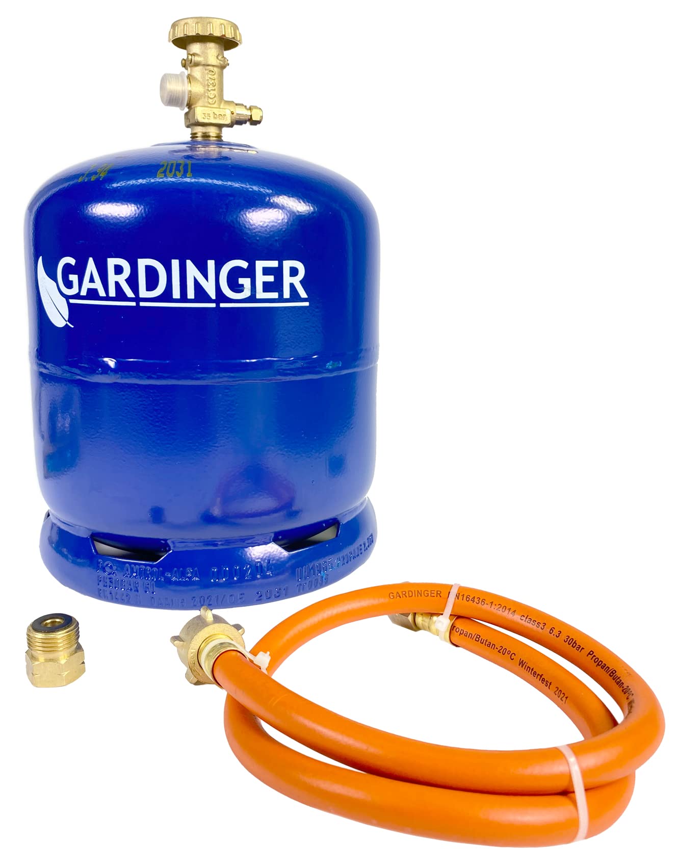 GARDINGER Aktionsset leere befüllbare 2,5 kg Propangasflasche Profill mit Sicherheitsventil Adapter Umfüllschlauch (Alternative zur GAZ R907)