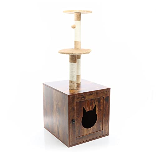 Fudajo Design Kratzbaum mit Box aus Holz vintagebraun multifunktional Kratzmöbel und Katzentoilette