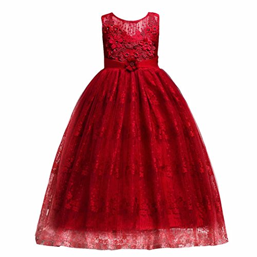 IBTOM CASTLE Mädchen Kleid Festlich Tüll Sommer Kleid Blumenmädchen Hochzeit Festzug Bekleidung Geburtstag Rot 11-12 Jahre