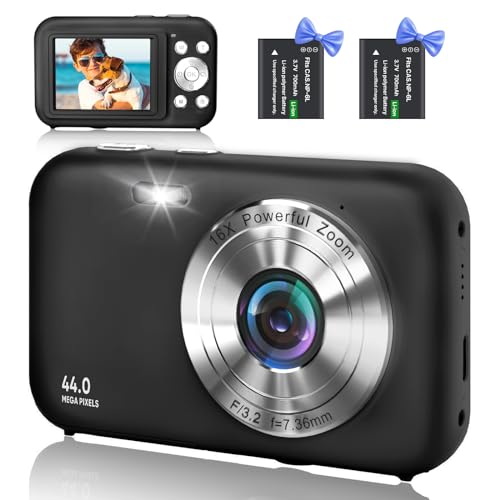 Digitalkamera 1080P FHD 44MP Fotokamera Kompaktkamera, Wiederaufladbare Digitalkameras, Digital Kamera mit 16X Digitalzoom für Kinder, Erwachsene(Schwarz)