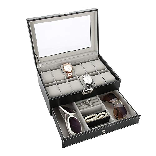 Solong Uhrenschatulle mit 2 Schichten für Uhren aus PU-Leder, Aufbewahrungsbox für 12 Uhren für Herren und Damen, 30 x 20,5 x 13 cm